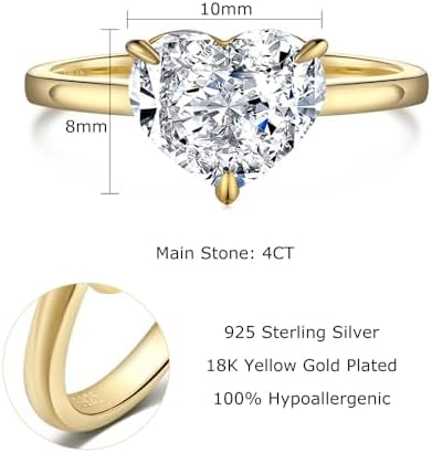 4CT Lab Created Diamond Engagement Ring for Women, 18K Yellow Gold Vermeil Lab Grown Diamond Wedding Band, D Color VVS1 Clarity Heart Cut Promise Ring for Her