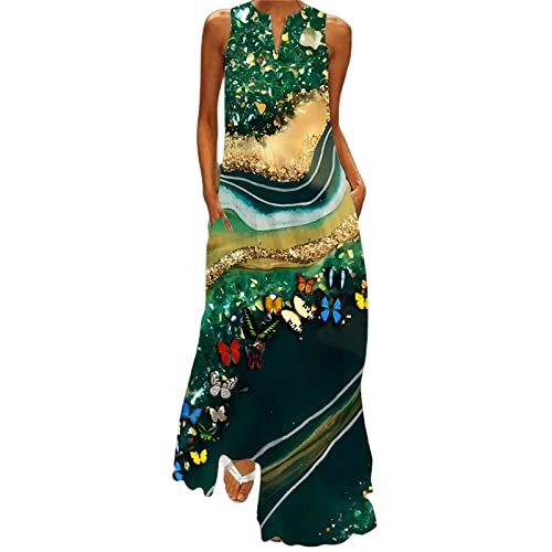 Vestido de Halloween para mujer, sin mangas, cuello en V, maxi, suelto, bohemio, playa, vestido largo de verano con bolsillos, vestido de rímel, dorado, XXXXL