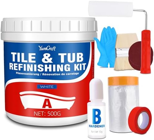 Tub and Tile Refinishing Kit, 17oz/500g Tile Paint with Tools and Hardener - Semi-Gloss White Bathtub Paint for Bathroom, Countertop, Wash Basin, Kitchen, Porcelain, Floor, Easy to Use, 25-30sq.ft