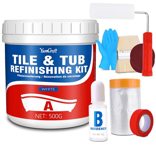 YumCraft White Tile Paint, 500g Tub and Tile Refinishing Kit with Tools and Hardener - Bath Paint Enamel for Bathroom, Countertop, Wash Basin, Kitchen, Porcelain, Floor, Easy to Use, 25-30sq.ft