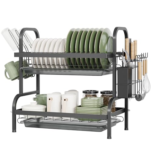 NETEL Égouttoir à 2 Niveaux, Égouttoir à Vaisselle avec égouttoirs Support de Planche à découper Support de Couverts Support de gobelets Panier à Vaisselle, Noir