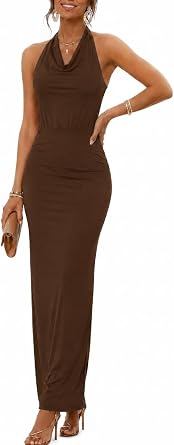 ENOPINK Sexy Halter Backless Cocktail Dress for Women Elegant Cowl Neck Slit Ruched Wedding Guest Maxi Dress Evening Gown