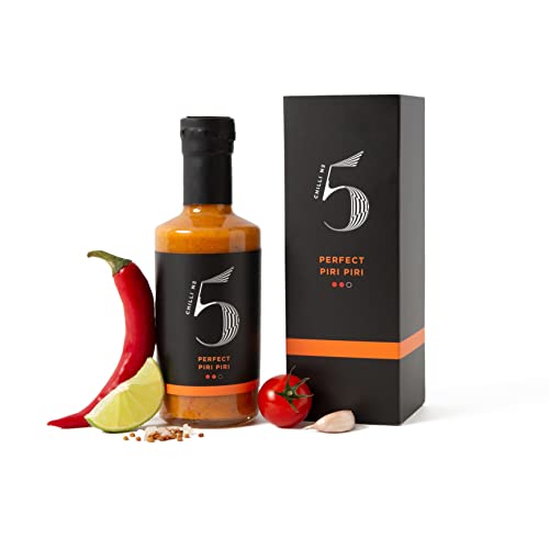 Chilli No.5 Perfect Piri Piri, salsa picante gourmet de chile, vegana, sin gluten, sin colorantes ni saborizantes artificiales, botella de 200 mililitros