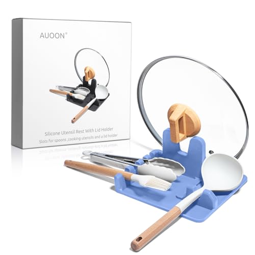 Image of Auoon Silicone Spoon Rest with Lid Holder - 3 in 1 Kitchen Utensil Rest for Soup Ladles, Pot Lids, Spatulas, Spoons, Tongs, BPA Free & Dishwasher Safe, 8.26 x 8.06 Inch (Blue Velvet, Large)