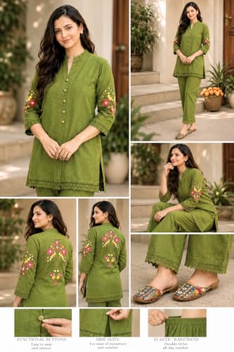Image of Women's Pure Cotton Co-Ord Set, Green Kurta with Pant, Floral Embroidered 3 /4 Sleeve, Stylish Pocket Design