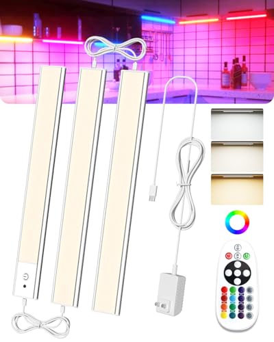 Image of Under Cabinet LED Lighting Plug in, 15 Colors RGB Color Changing Lights with Remote Control, 12 Inch 3-Panel Wired Parallel, Dimmable & Timer, Under Counter Lights for Kitchen Closet
