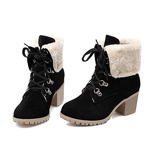 LUXMAX Women Lace Up Fold Over Ankle Boots Block Heel Winter Warm Booties2