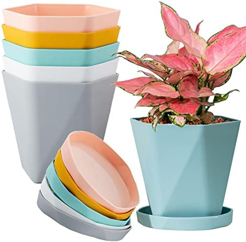 bisenwin Plant Pots Indoor Plastic Flower Pots Outdoor 5 inch Set of 6 Pack with Drainage Holes and Saucers for Garden pots (5 inch 6 pcs)