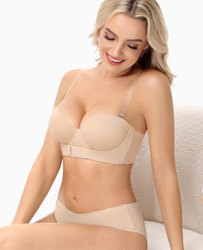 Strapless Push Up Bra with Clear Straps Front Closure Convertible Balconette Padded Underwire Bras for Women2