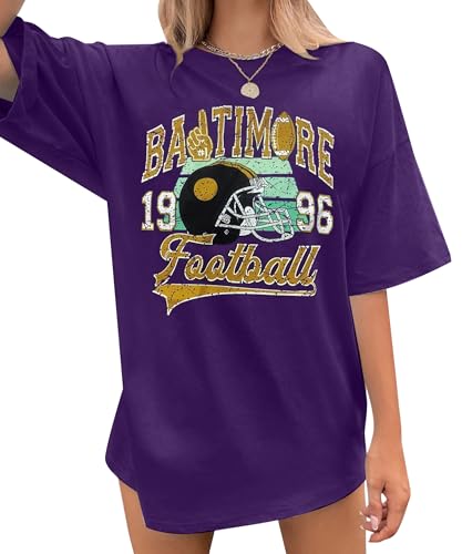 Football Shirts for Women Vintage Team Fan Tshirt Game Day Shirt Oversized Football Season Short Sleeve Tops Purple