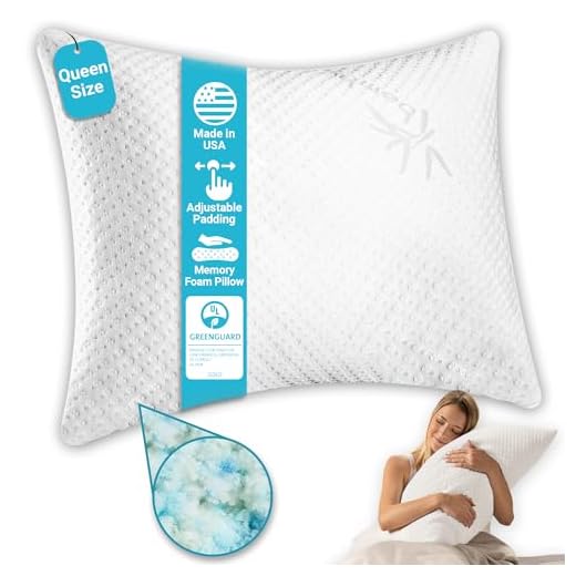 Xtreme Comforts Hypoallergenic, Adjustable Thickness, Kool-Flow Micro Vented Bamboo Shredded Memory Foam Bed Pillow for Sleeping, Back, Stomach & Side Sleepers, Queen Size, Made in USA