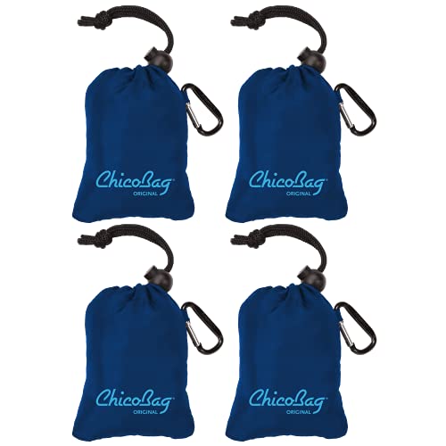ChicoBag Original Compact Reusable Grocery Bag with Attached Pouch and Carabiner Clip- 4 Pack Blue