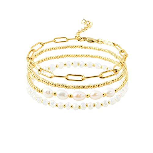 Dainty-Gold-Pearl-Crystal-Beaded-Bracelets-Set-for-Women-14K-Real-Gold-Plated-Bead-Pearl-Crystal-Beads-Bracelet-Stake-Paperclip-Link-Chain-Bracelets-Gold-Bracelets-for-Women-Trendy-Jewelry