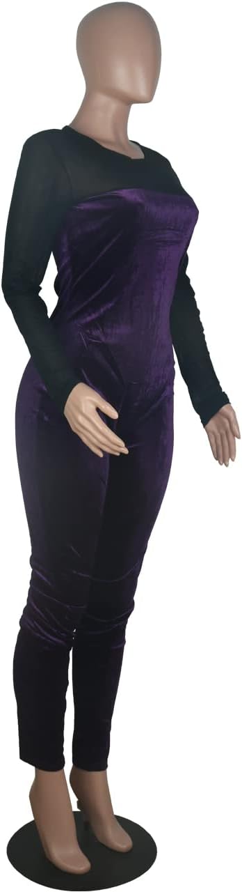 WOKANSE Women's Sexy Long Sleeves Mesh Patchwork Bodycon Velvet Jumpsuits Long Romper Pants One Piece Clubwear - Image 4