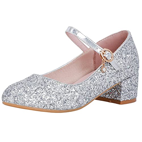 KOKOMOMO Womens Glitter Sequin Round Toe Mary Janes Low Block Heel Pumps with Ankle Strap
