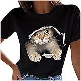 Animal T-Shirt für Frauen Casual Abstract 3D Cat Print Tops Kurzarm O-Neck Tunika Bluse Umweltschützer Geschenk(XXL,Schwarz3)