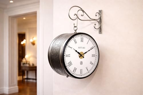Image of Handcrafted Double Side Metal Analog Vintage Wall Clock, 12 Inches | 1 Side Number 1 Side Roman, Silver, 1.5 Year Machine Warranty