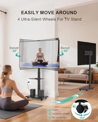 Image of WALI Rolling TV Stand with Power Outlet & AV Shelf, Mobile Tall TV Stand Mount on Wheels for 34-75 inch TV up to 110 lbs, Swivel Height Adjustable TV Cart with Wood Base for Bedroom(TVDVD-6PR), Black