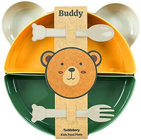 Tucklebery Buddy Mama Tabağı Seti, 1 Ayıcık Tabak 4 Kase Çatal-Kaşık, Bebek ve Çocuklar İçin Yemek Takımı, BPA İçermez, Bej Sarı Yeşil - Görsel 1