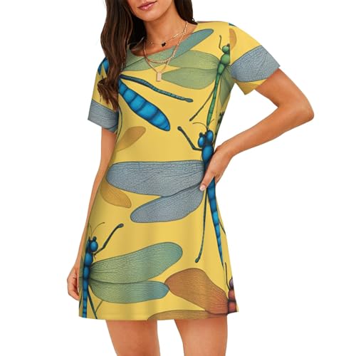 Chemise de nuit légère femme manches courtes imprimé libellule colorée