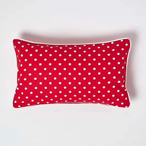 Image of HOMESCAPES - 100% Cotton - Polka Dots - Cushion Cover - 30 x 50 cm Rectangular - 12 x 20 Inches - Red White - 100% Cotton Sofa Pillow Cushion Cover - Washable