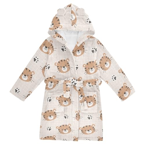 WIFIU Toddler Baby Hooded Bathrobe for Boys Girls Cute Tiger Head and Footprint Printed, Soft Plush Bath Towel Robe with 2 Pockets for 4-6 Years