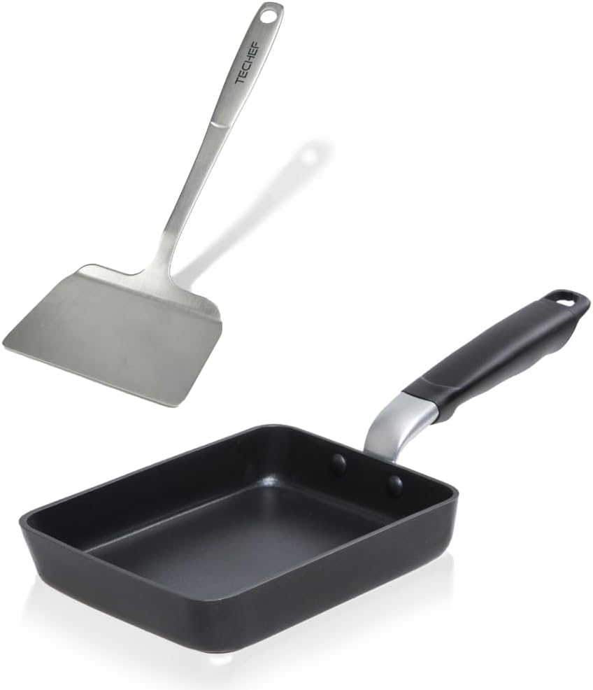 TECHEF - Tamagoyaki Japanese Omelette Pan/Egg Pan Skillet with 304 Stainless Steel Solid Turner Spatula