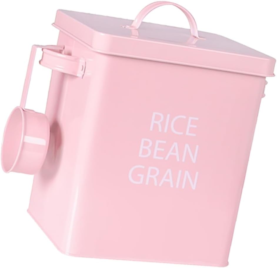 Airtight PET Food Storage Container Metal Grain Bucket with Moisture Features for Dog Cat Food Includes Spoon 5L Capacity