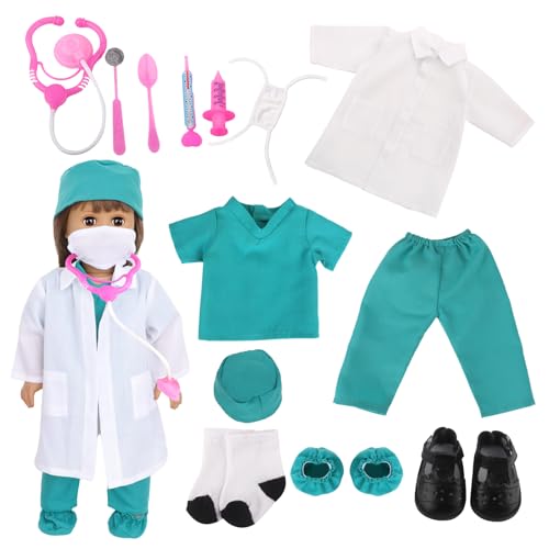 MSYO 18-Inch Doll Doctor Playset-Pretend Play Medical Kit with White Coat,Scrubs & Surgical Tools,STEM Roleplay Costume for Kids Ages 3-12,Fits Most 18-Inch Girl & Boy Dolls(Green)