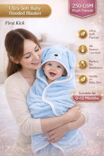 Image of BRANDONN Baby Blankets New Born Pack of Hooded Wrapper Blanket Or Baby Bath Towel (Sky Blue Dog, 0-12 Months, 75 cm x 75 cm)
