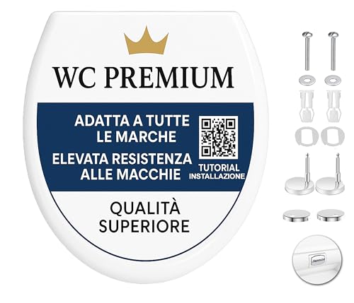 HAND - Tavoletta WC Universale con Chiusura Ammortizzata, Sgancio Rapido, Cerniere Acciaio Inox, Antiruggine, Antibatterico, Bianco, Chiusura Rallentata, Copriwater, Copri Water (Premium)