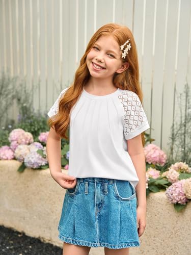 Girls Pleated T Shirts Kids Fashion Lace Sleeve Summer Tops Casual Crewneck Blouse 5-14 Years3