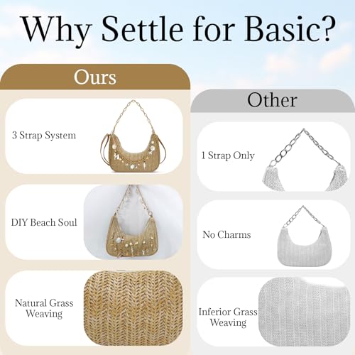 Beach Purse Straw Shoulder Bag for Women, Summer Purse with Shell Pearl Bag Charms & 2Pcs Detachable Strap Chain4