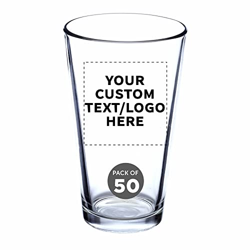 DISCOUNT PROMOS Custom Beer Pint Glasses 16 oz. Set of 50, Personalized Bulk Pack - Heavy Duty Glassware for Restaurant, Thick Base and Walls, Stackable - Clear