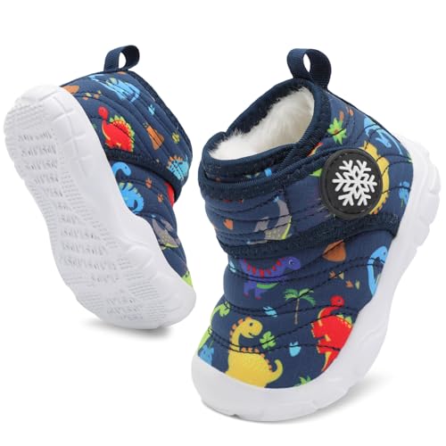 BARERUN Kids Winter Snow Boots Waterproof Outdoor Warm Faux Fur Lined Walking Shoes Toddler Winter Shoes Blue Baby Shoe Size 18-24 Months