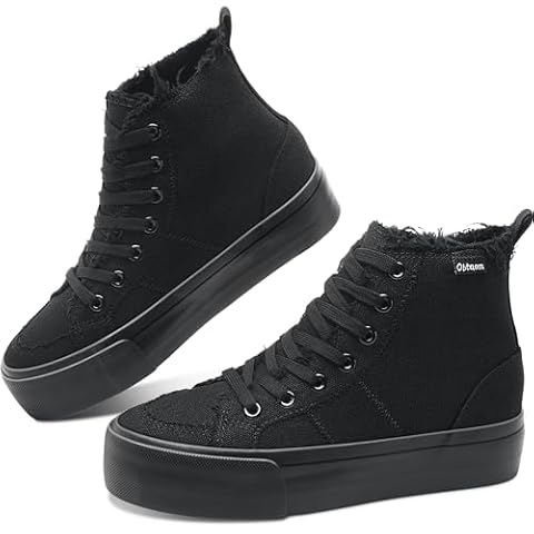 Obtaom High Top Platform Sneakers Women Mid Calf Play Canvas Shoes Washed Platform Skate Skateboard Shoe Casual Canvas Fashion Sneakers(Black Mono,US6) Cover