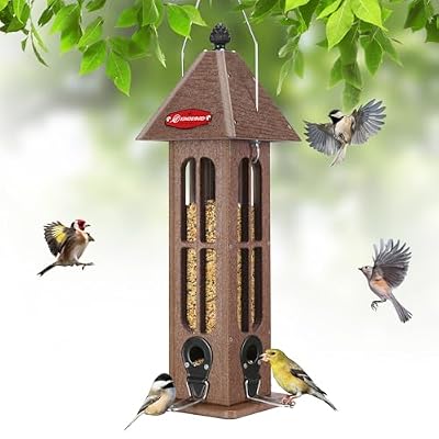 Kingsyard Rainproof Bird Feeder for Outdoor Hanging - Recycled Plastic Wild Bird Feeder with 4 Metal Ports, Garden Yard Decorations for Cardinals Finches, Brown