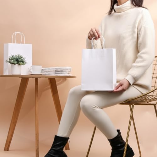 SUNCOLOR 25-Pack White Bags with Handles - Medium 8\"×4.5\"×10\" Shopping Bags - Sturdy Kraft Paper Gift Bags for Retail, Party Favors, Merchandise, Business - Eco-Friendly Packaging - Thumbnail 7