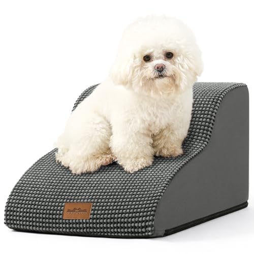 COZY KISS 犬用階段 小型犬用 ペットステップ 漏れ防止カバー付き 高密度フォーム 猫用スロープ 椅子やソファ用 軽量 耐久性 快適 15.7x19.7x11.8インチ 2ステップ チャコールグレーの商品画像（Amazon）