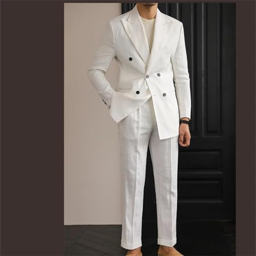 Men's Fashion Suit Luxury Linen Double Breasted Slim Fit Business Retro 2 Piece Jacket Pant2