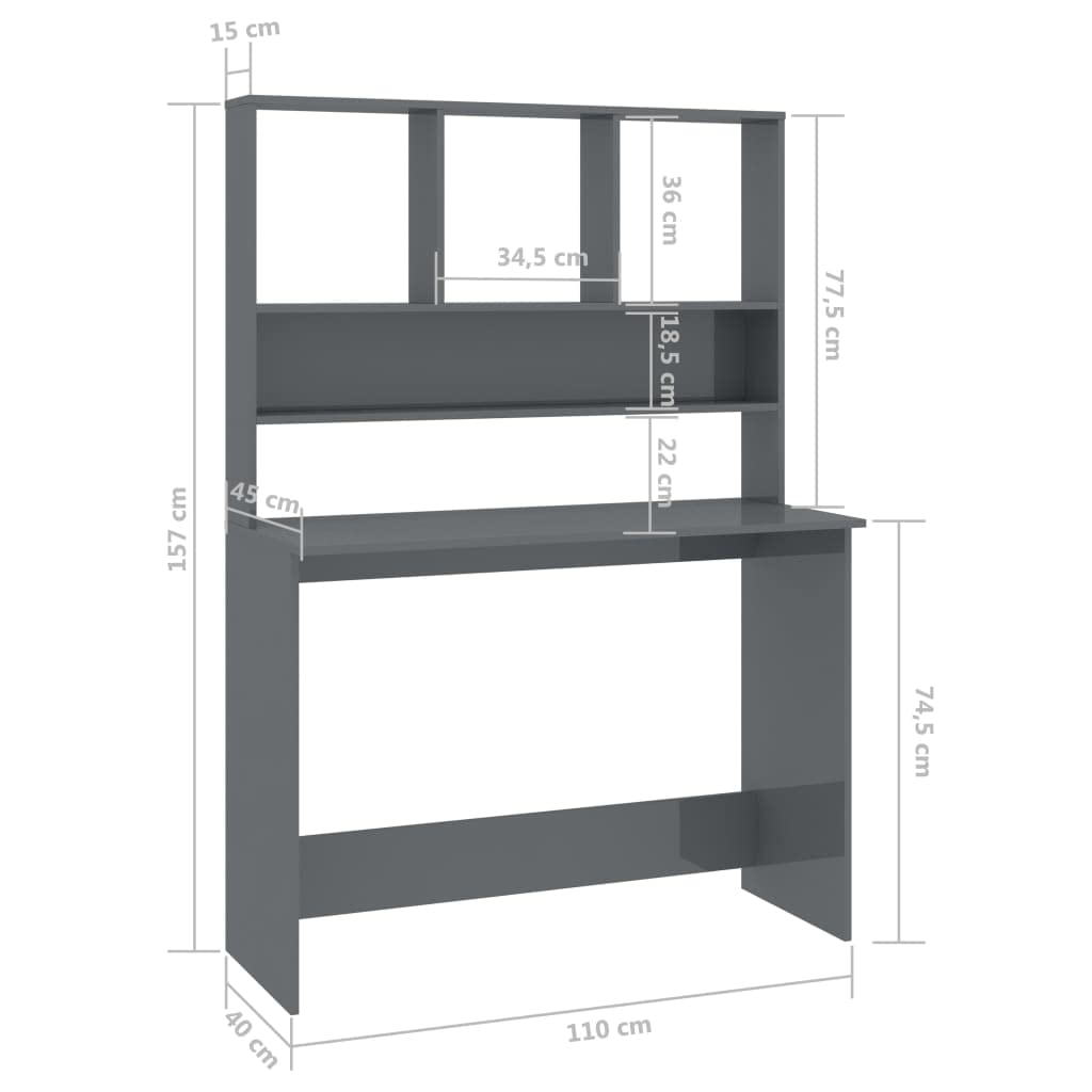 Scrivania verticale da ufficio con ripiani, grigio lucido, 110 x 45 x 157 cm, in legno, postazione di lavoro salvaspazio con spazio per raccoglitori, tastiera e laptop