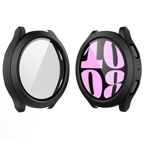 YoLin 2 Pack Hard Protective Case with Tempered Glass Screen Protector Compatible Samsung Galaxy Watch 6 40mm PC Ultra-Thin All-around Cover For Samsung Galaxy Watch 6 40mm (2 Black)