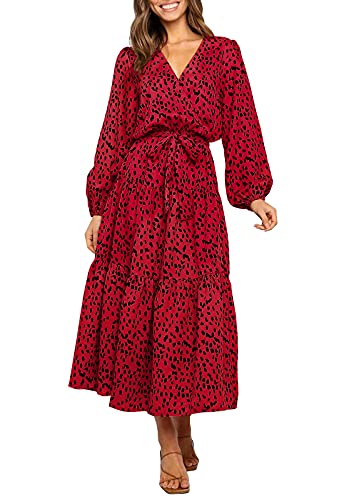 MITILLY Women's Boho Leopard Print Ruffle Long Sleeve V Neck Casual Flowy Party Maxi Dress Wine Red X-Large