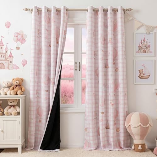 Image of MYSKY HOME 95% Girls Blackout Curtains Pink Checkered Design 96 Inch Long for Kids Babys Nursery Playroom Bedroom Lovely Bear Boat Balloon Patterns Grommet Thermal Insulated Drapes, 52 inch Wide, 2 Pcs