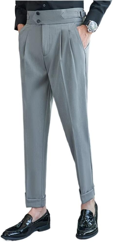Grey British Autumn High Waisttrousers Men Slim Fit Suit Pants Office Party Formal Pants