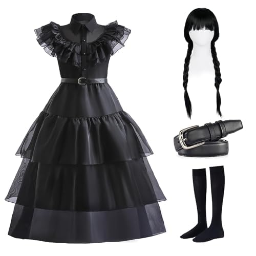 SQINGG Disfraz de princesa del miércoles, vestido gótico negro con cinturón, peluca, calcetines, adecuado para disfraces, cosplay, carnaval, fiesta temática de Halloween (160)