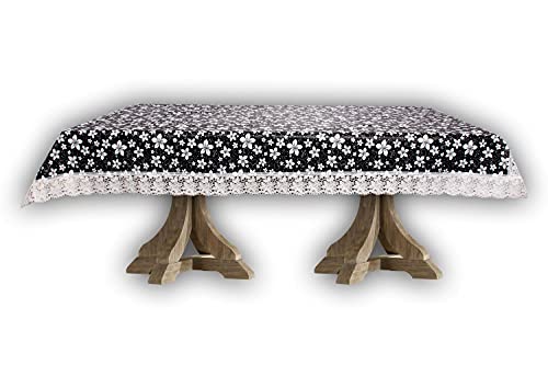 Image of The Furnishing Tree Waterproof PVC Rectangle Shaped 2 Seater Table Cover WxL 45x70 inches Floral Pattern White Black with White Border lace