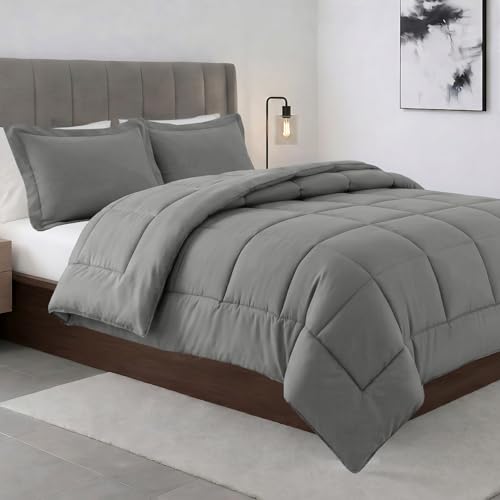 Elegant Comfort Luxury King Size Comforter Set, 3-Piece Down Alternative Comforter and Matching Shams Set, Ultra Soft All-Season Duvet Insert, Box Stitched Design, Corner Tabs, Silver Gray