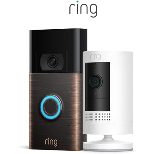 Ring Video Doorbell, Venetian Bronze Bundle with Ring Stick Up Cam Battery, White