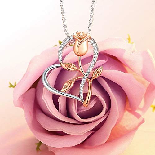 Rose Necklace for Women, Rose Gold Flower Silver Heart Pendant Unique Necklaces, Pendant Necklace Gift for Wife, Mom, Girlfriend With Gift Box on Birthday, Anniversary, Christmas, Thanksgiving - Thumbnail 2